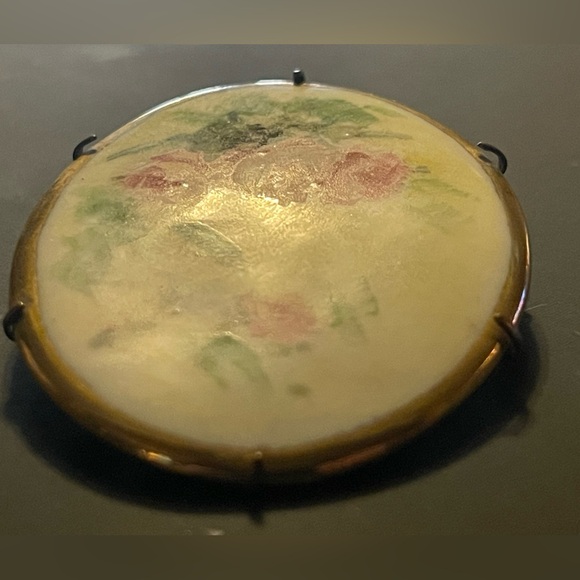 Antique Victorian Hand Painted Porcelain Floral Pink Rose Flower Brooch Pin - Picture 10 of 15